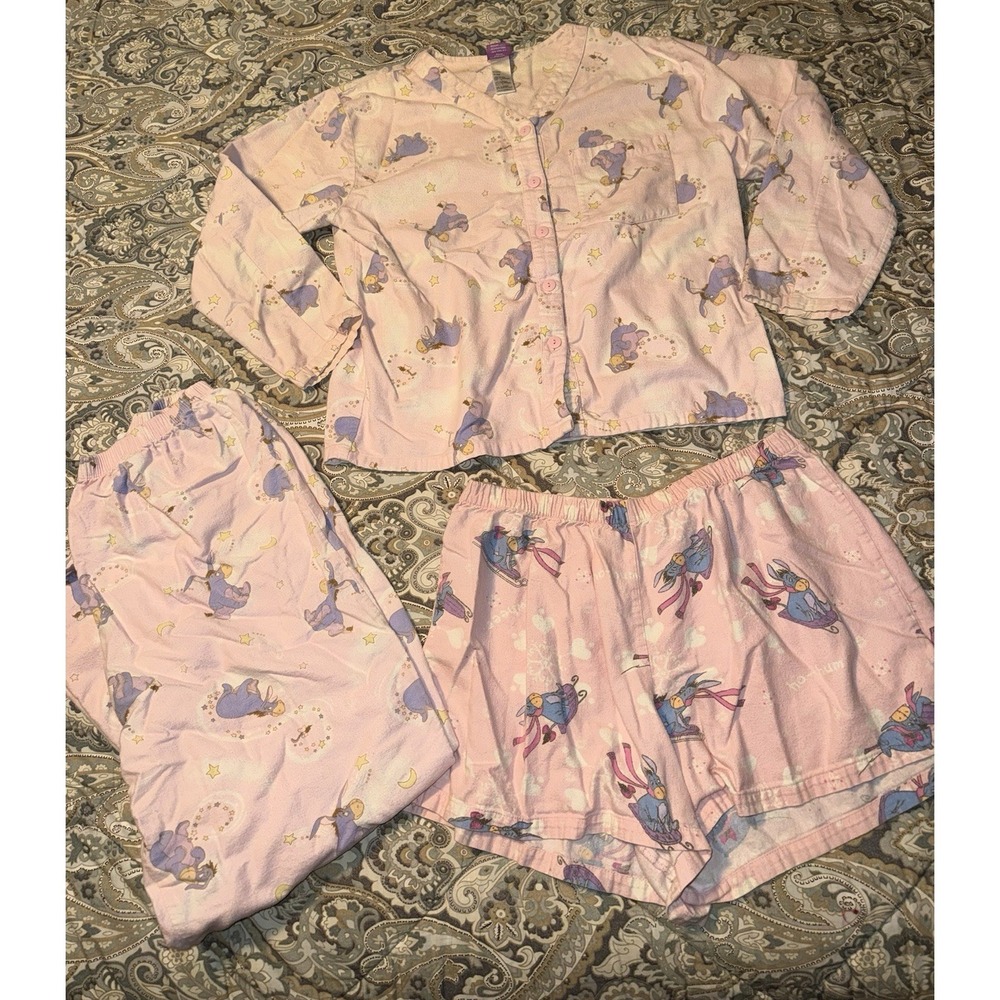 Vintage Disney  Eeyore Pink Pajama 3 Piece‎ Set Womens M Cotton Y2K